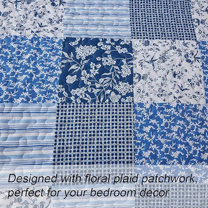Mybedsoul Blue Quilt Set Full Size, 3 Pieces Plaid Floral Bedspread Set Patchwork Reversible Bedding Set Microfiber Lightweight Bedspread Coverlet Set for All Season 78"x90"