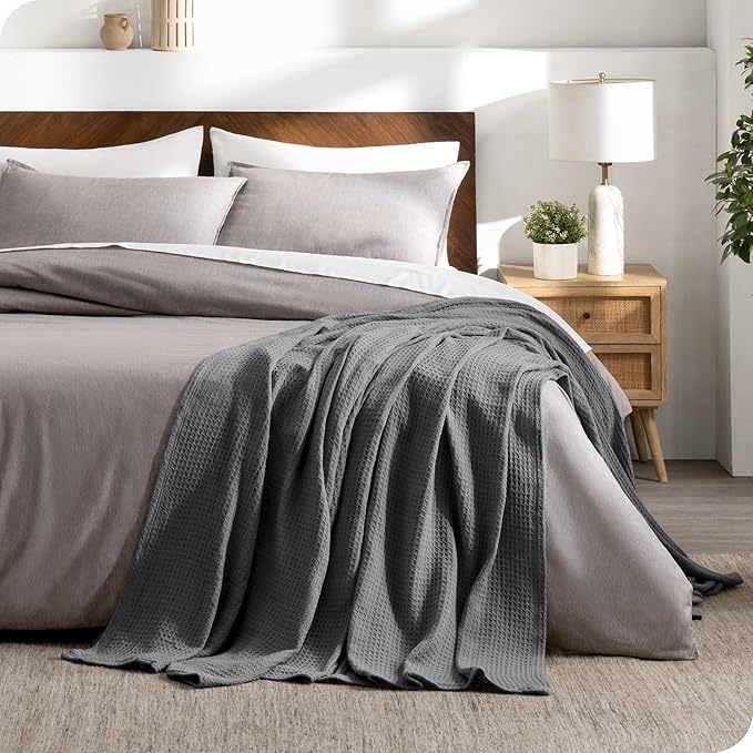 Bare Home Grey Waffle Blanket, Extra Long 66Wx90L, 100% Cotton, Soft & Breathable Throw for All Seasons, Lightweight Blanket, Perfect for Layering Bed, Sofa & Couch (Twin/Twin XL, Grey)