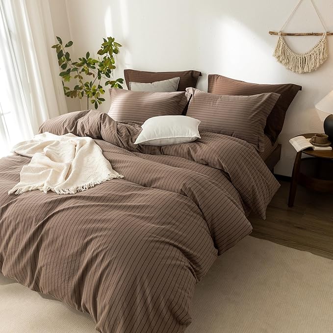 Stripe Duvet Cover King Size 104inch x 90inch,100% Washed Cotton Pinstripe Duvet Cover with Zipper Closure and 2 Pillowcases, Color of Light Brown-Black Stripe