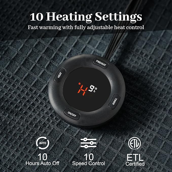 Electric Blanket Queen Size 84''X90'' - Heated Blanket with Dual Control Fast Heating 10 Heating Levels & 10 Hours Auto Off,ETL Certified Machine Washable (Black)