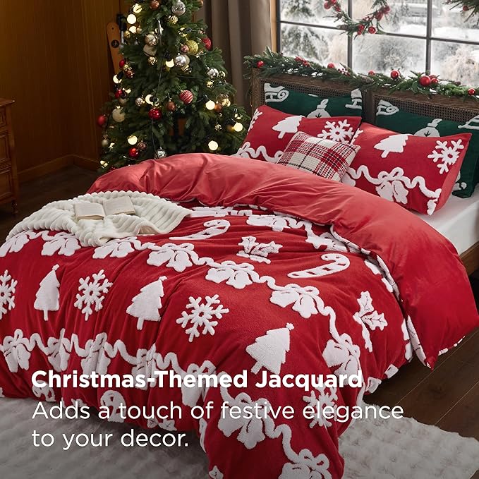 Bedsure Fluffy Christmas Duvet Cover Set - Winter Warm 3 Pieces King Size Ultra Soft Plush Shaggy Bedding Set with Bell Candy Sticks Patten,Red