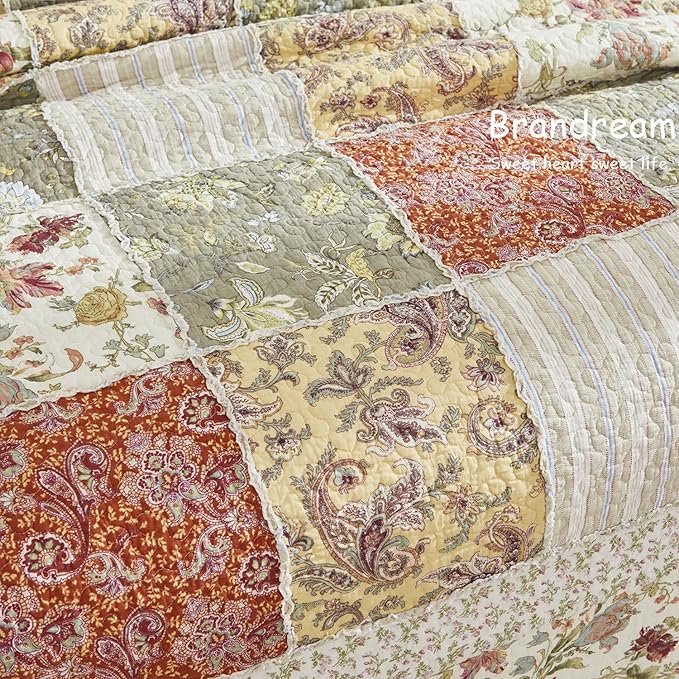 Brandream Queen Size Quilt Set Cotton Luxury Patchwork Quilts Vintage Farmhouse Quilted Comforter Set 3-Piece