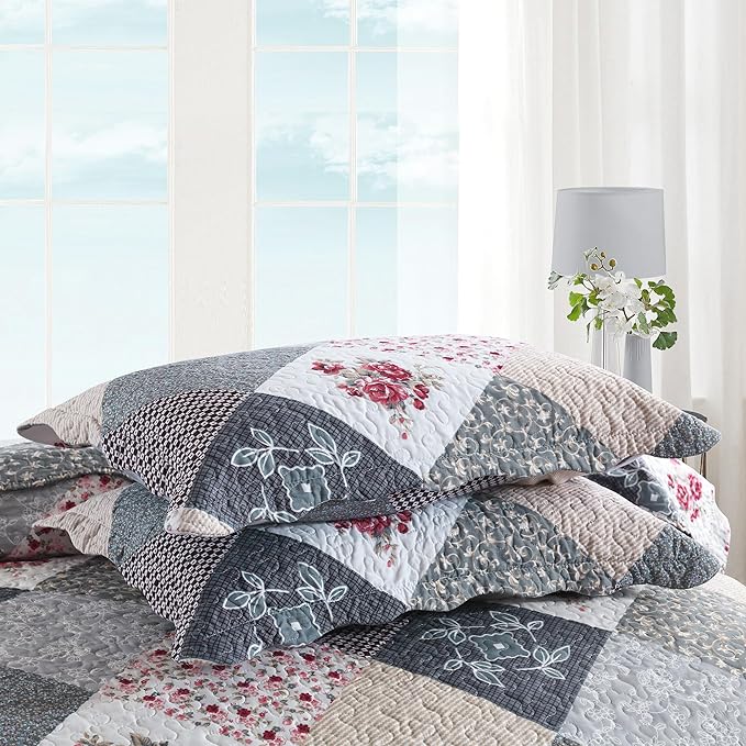HoneiLife Quilt Set Twin Size - 2 Piece Microfiber Quilts Reversible Bedspreads Patchwork Coverlets Floral Bedding Set All Season Quilts with Geometric and Little Rose Print Pattern，Grey