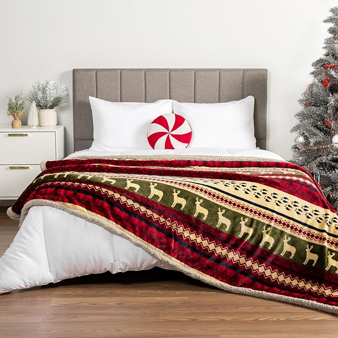 PAVILIA Christmas Sherpa Blanket Throw King Bed| Red Flannel Fleece Christmas Decoration Blanket| Plush, Warm, Soft Cozy Reversible Winter Holiday Blanket 90x108
