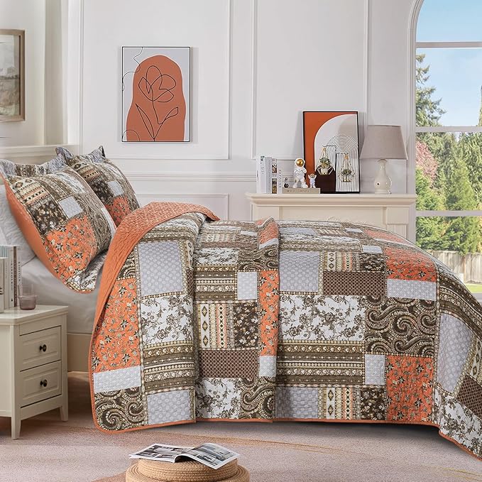 BEDIFANY Cotton Quilts King Size for Farmhouse- Fall Patchwork Bedspread Set - Highly-Woven Soft Reversible King Size Bed Spread for All Seasons (Floral Orange) 3 Pieces