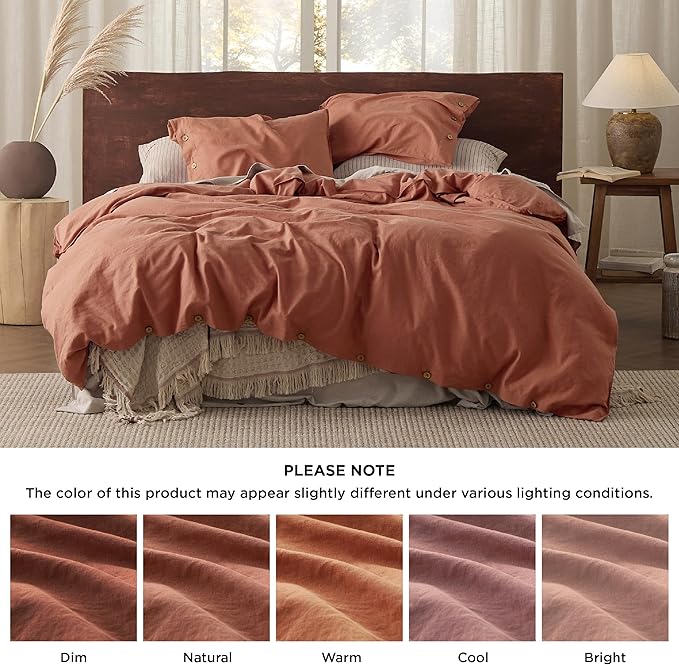 Bedsure Linen Duvet Cover Queen - Linen Cotton Blend Bedding Set, Soft & Cozy, 3 Pieces, 1 Duvet Cover 90x90 Inches and 2 Pillowcases, Burnt Orange Color Cooling Bedding, Comforter Sold Separately