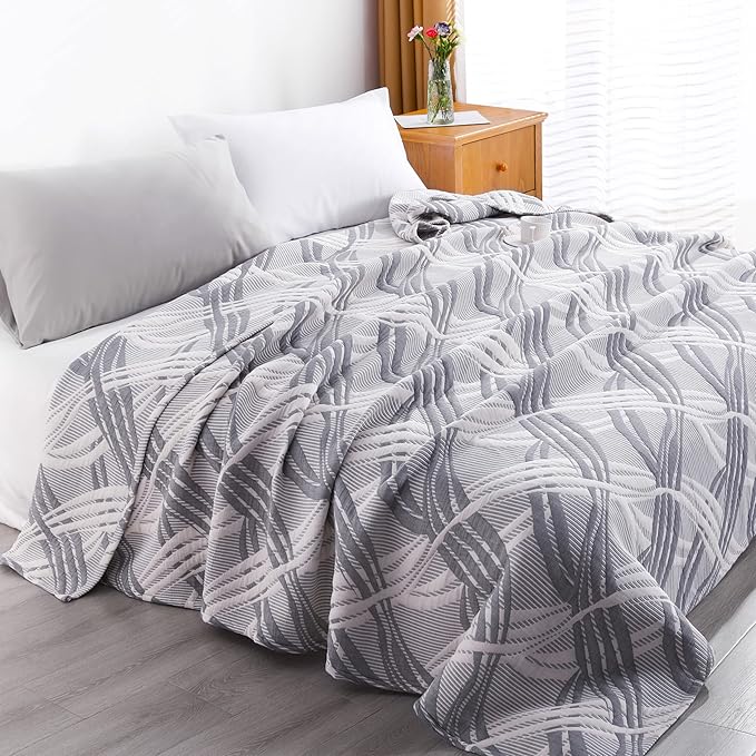NTBAY 3 Layers Cotton Muslin 88x92 Queen Bed Blanket, Super Soft Breathable Thermal Yarn Dyed Quilt for Adults, Perfect Lightweight Blanket for Couch Sofa Bed All Seasons, Grey Wave