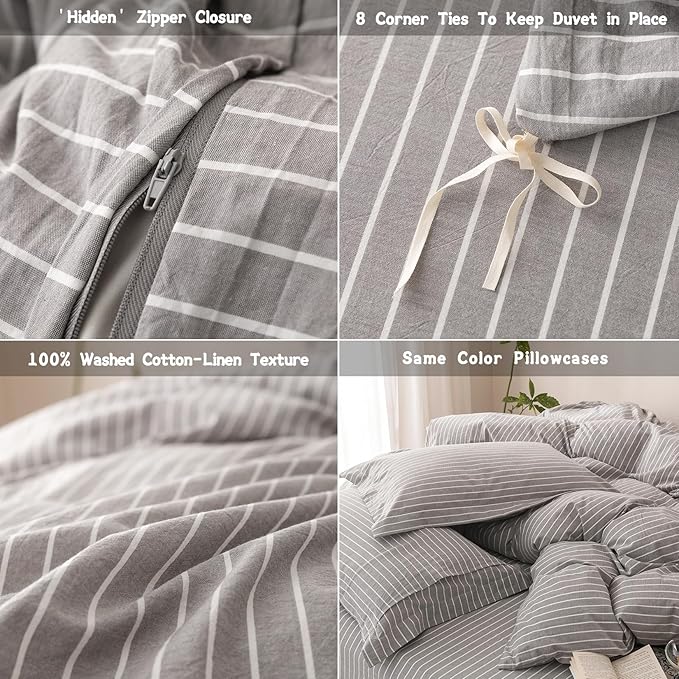 Stripe Duvet Cover Queen Size 90inch x 90inch, 100% Washed Cotton Linen Feel Pinstripe Duvet Cover with Zipper Closure and 2 Pillowcases, Color of Grey and White Stripe