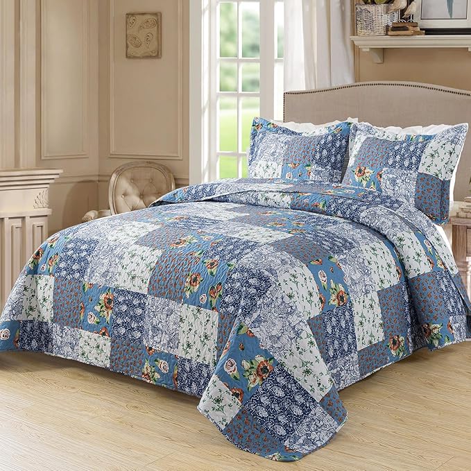 BEDIFANY Quilts Queen Size Bedding Set - Cotton-Filled Lightweight Bedspreads Queen Size (90 x 98 inch) with Garden Pattern - Reversible Farmhouse Queen Quilt Bedding Sets for Decorations, 3 Pieces