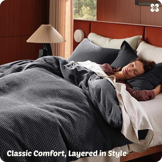 Bedsure Cotton Duvet Cover Queen - 100% Cotton Waffle Weave Charcoal Duvet Cover Queen Size, GentleSoft™ and Breathable Bedding Set for All Season, 3 Pieces, 90"x90"