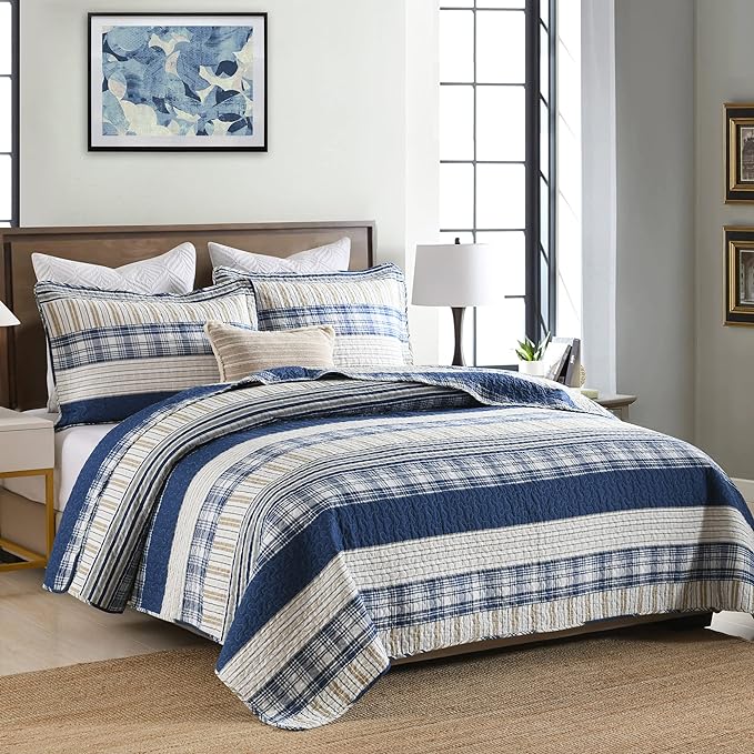 Homzard California King Size Comforter Set,100% Cotton Oversized Plaid Striped California Quilt Set, Blue White Tan Bedding Sets (118 * 106 Inch) with 2 Pillow Shams, Farmhouse Reversible Bedspread
