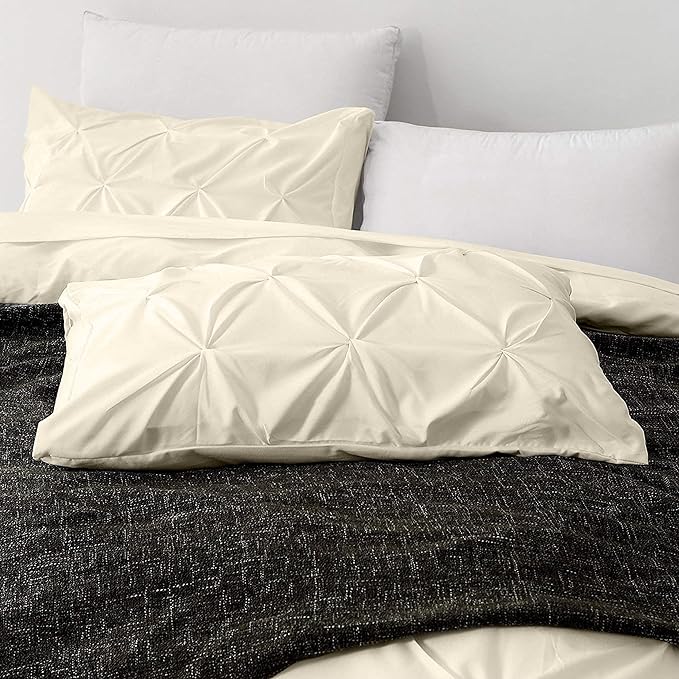 Pinch Pleated Duvet Cover Set 100% Cotton 3PC Twin Size 68x90 Duvet Cover Set, Decorative Pinch Design Ivory Duvet Cover with Matching Pillow Case