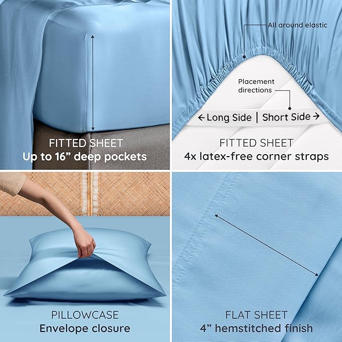 Bambaw Queen Sheet Set – 4pcs 100% Viscose Derived from Bamboo Sheets Queen Size Bed Set, Breathable Sheets Fits Up to 16'' Deep Pocket, Queen Cooling Sheets for Hot Sleepers (Dream Blue)