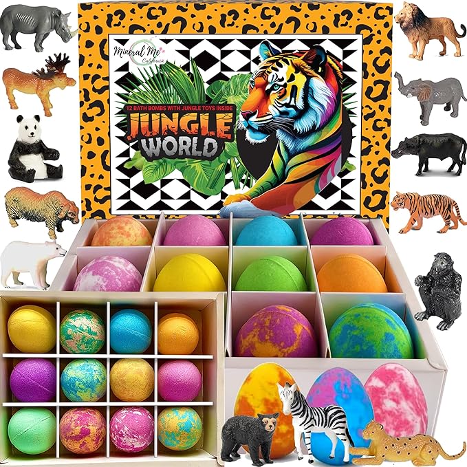 Bath Bombs for Kids with Surprise Inside- 12 pk Kids Bath Bombs with Jungle Toys, Organic, Natural, Skin-Moisturizing Bubble BathBombs. Stocking Stuffers Christmas Gifts for Boys, Girls, Toddlers