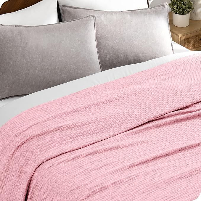 Bare Home Light Pink Waffle Blanket, Extra Long - 66Wx90L, 100% Cotton, Soft & Breathable Blanket for All Seasons, Lightweight, Perfect for Layering Bed, Sofa & Couch (Twin/Twin XL, Light Pink)