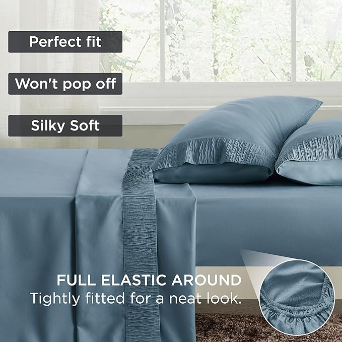 Bedsure Queen Sheet Set - Soft Sheets for Queen Size Bed, 4 Pieces Hotel Luxury Mineral Blue Sheets Queen, Easy Care Polyester Microfiber Cooling Bed Sheet Set
