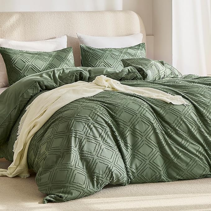 JELLYMONI Duvet Cover Super Queen Size Green - 3PCS Boho Duvet Cover Set Plaid Polyester Tufted Bohemian Jacquard Knit Textured Comforter Cover 98×90in Rhombic Geometric Pattern Zipper Corner Tie