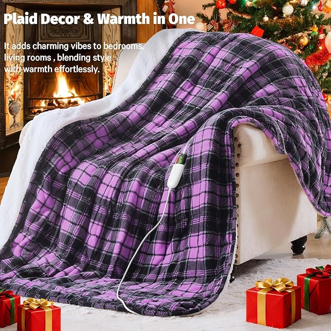 Purple Heated Weighted Blanket for Adults 20Lbs Queen Size 60"x80", 2-in-1 Electric Heating Pad Lap Heavy Blanket for 190-210lbs for Bed, 10 Level 8H Auto Off, Cozy Birthday Gifts for Women Mom Senior