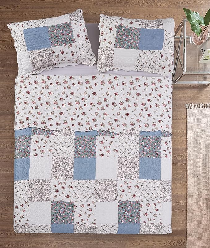 Brilliant Sunshine Pink Rose with Small Blue Check Patchwork, 3-Piece Quilt Set with 2 Shams, Reversible Bedspread, Soft Lightweight Coverlet, All-Season, Full/Queen, Pink Blue