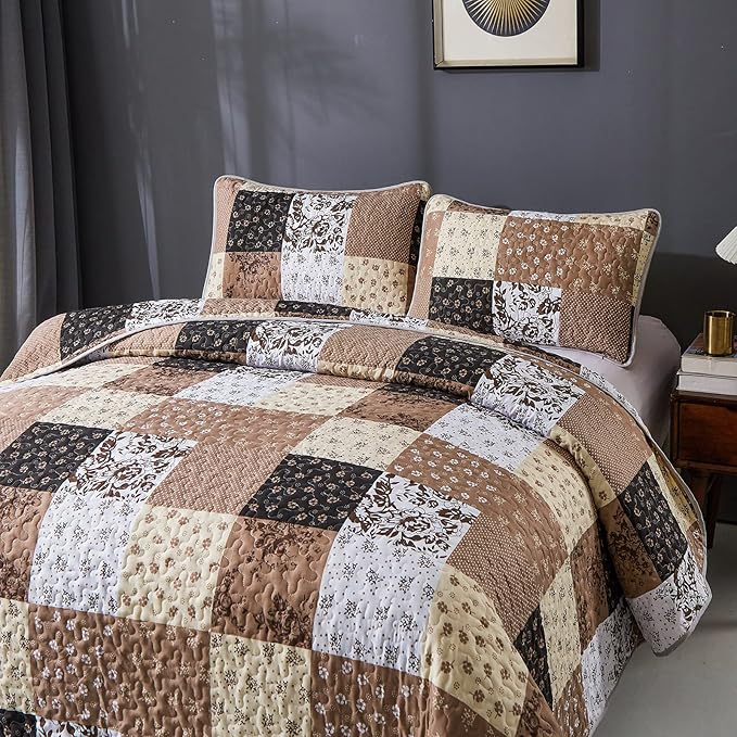 Mybedsoul Patchwork Quilt Set Queen Size,3 Pieces Brown Floral Plaid Patchwork Reversible Bedspread Coverlet Set for All Season,Summer Soft Microfiber Bedding Set Queen 90"x96"