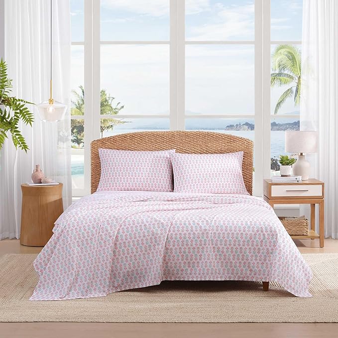 Tommy Bahama - Queen Sheets, Cotton Percale Coastal Bedding Set with Matching Pillowcases, Crisp & Cool, Coastal Room Essentials (Pineapple Splash Pink, Queen)