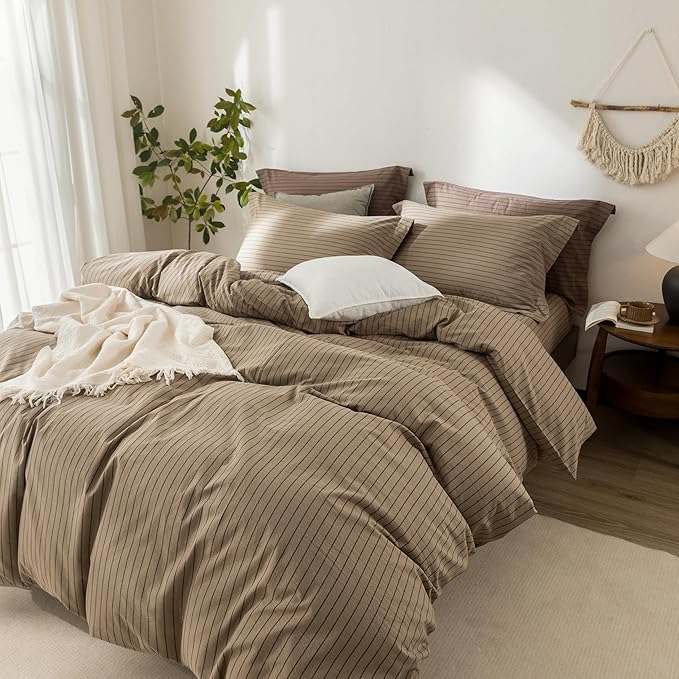 Stripe Duvet Cover Queen Size 90inch x 90inch,100% Washed Cotton Pinstripe Duvet Cover with Zipper Closure and 2 Pillowcases, Color of Light Camel-Black Stripe