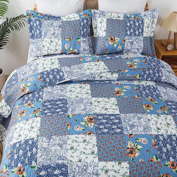 BEDIFANY Quilts Queen Size Bedding Set - Cotton-Filled Lightweight Bedspreads Queen Size (90 x 98 inch) with Garden Pattern - Reversible Farmhouse Queen Quilt Bedding Sets for Decorations, 3 Pieces