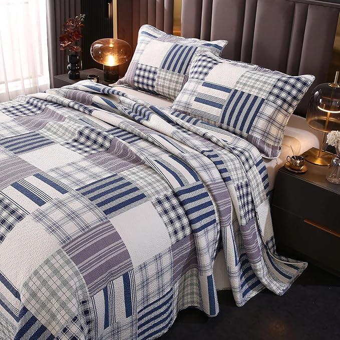 vctops Cotton Quilted Patchwork Quilt Set Queen Size Farmhouse Blue Plaid Bedspreads Coverlet 3 Pieces Summer Lightweight 1 Quilt and 2 Pillow Shams for All Season (Plaid B,Queen)