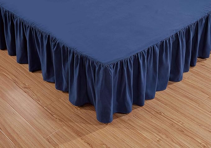 Sheets & Beyond Wrap Around Solid Microfiber Luxury Hotel Quality Fabric Bedroom Gathered Ruffled Bedding Bed Skirt 14 Inch Drop (Queen, Navy)