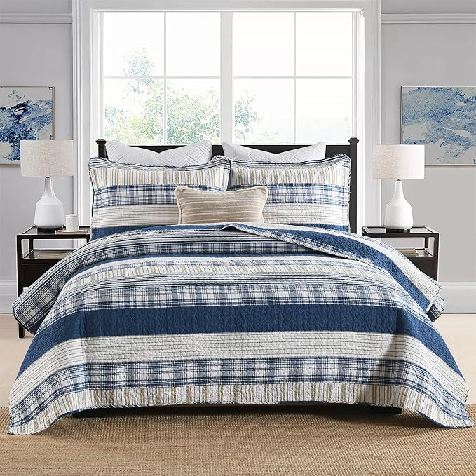 Homzard Queen Comforter Set - Blue White Tan Striped Queen Size Comforter Set,100% Cotton Plaid Quilts Queen Size Bedding Set, Farmhouse Bedspread Lightweight Bedding 3 Pieces All Season