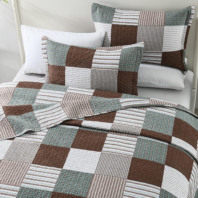 KALOOLA Plaid King Size Quilt Set, 100% Cotton Lightweight Quilted Bedspread with 2 Pillowshams for King Bed, Farmhouse Printed Bedding Set Coverlet for All Season, 3Pcs, Brown/Green