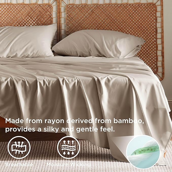 Bedsure Full Size Bed Sheets, Cooling Sheets, Rayon Derived from Bamboo, Breathable & Soft, Deep Pocket Up to 16 Inches, Hotel Luxury Silky Bedding for Hot Sleepers, Simply Taupe