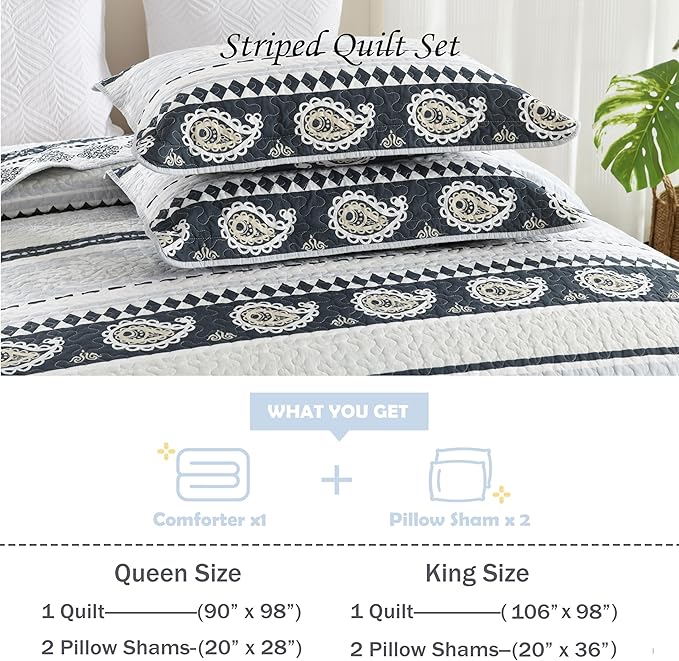 Cotton Comforter Set, Blue Quilts Queen Size, Luxury Striped Bedding Queen Size,Lightweight Reversible Bedspread 3 Piece