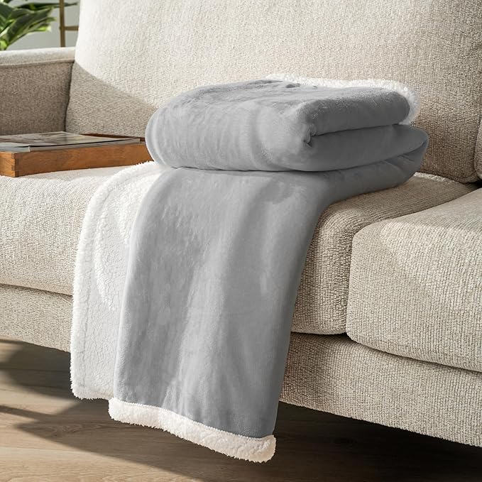 PAVILIA Sherpa Fleece Throw Blanket for Couch, Twin Size, Light Grey, Plush Soft Fuzzy Sofa Blanket, Cozy Reversible Winter Throw for Women Men, 60x80 Inches