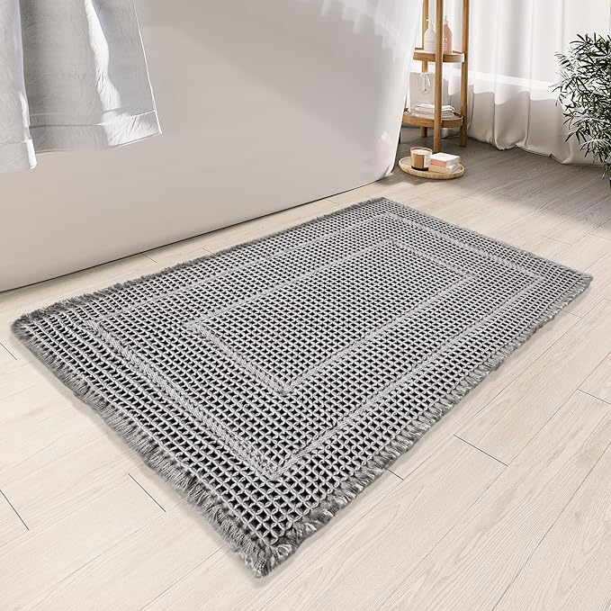 Bath Matts,Upgraded Waffle Super Absorbent Bath Mat,Bathroom Rugs Non Slip Washable, Quick Dry Shower Mats, Ultra Soft Bath Mats for Bath Floor,Grey,24"*36"