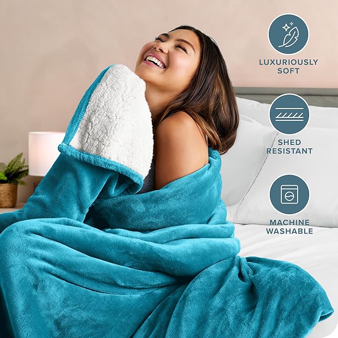 Bare Home Sherpa Fleece Blanket - Full/Queen Size - Blanket for Bed, Sofa, and Couch - Warm & Lightweight - Fluffy & Soft - Reversible (Full/Queen, Caribbean Sea)
