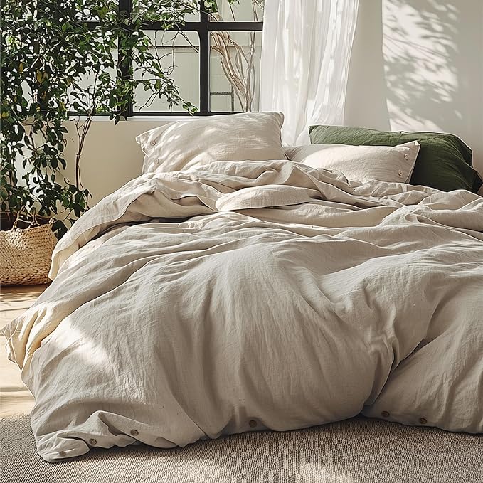 Bedsure Linen Duvet Cover Queen Size - Linen Cotton Blend Bedding Set, Soft & Cozy, 3 Pieces, 1 Duvet Cover 90x90 Inches and 2 Pillowcases, Light Khaki Color Cooling Bedding, Comforter Sold Separately