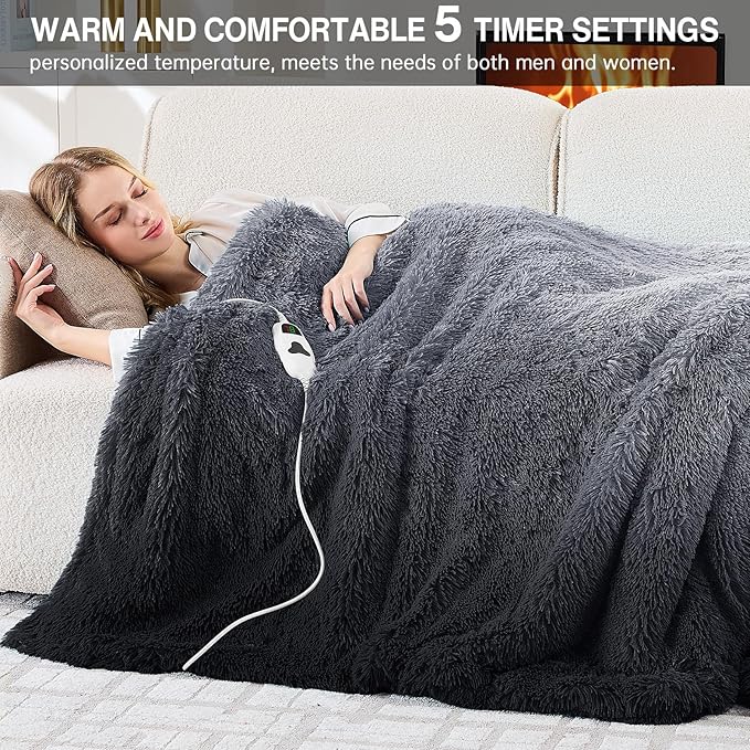 Heated Electric Blanket Twin–Faux Fur with Soft Thick Sherpa,Warm Winter Birthday Gifts for Women Grandma，10 Heat Settings,5 Time Settings with Fast Heating, 62x84, Midnight Black