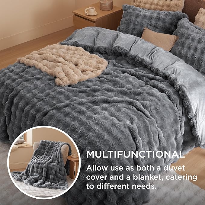 Bedsure Luxurious Faux Fur Duvet Cover King Size Set - Ultra Soft & Fluffy & Cozy & Warm - Elegant Shaggy Bubble Design Bedding with Duvet Cover and Pillow Shams, Grey