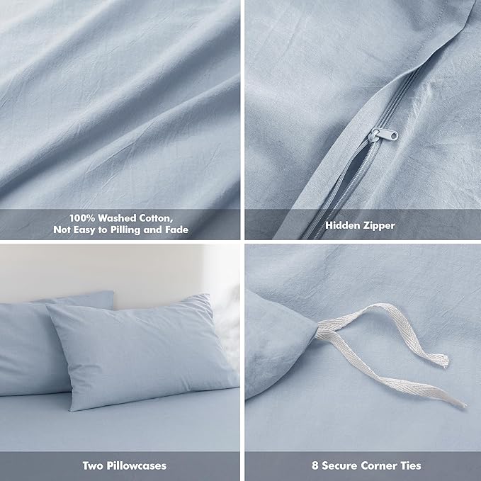 FOSSA Duvet Cover Set 100% Washed Cotton Linen Feel Super Soft Breathable Cozy 3 Pieces Bedding Sets Solid Cornflower Blue Oversized King