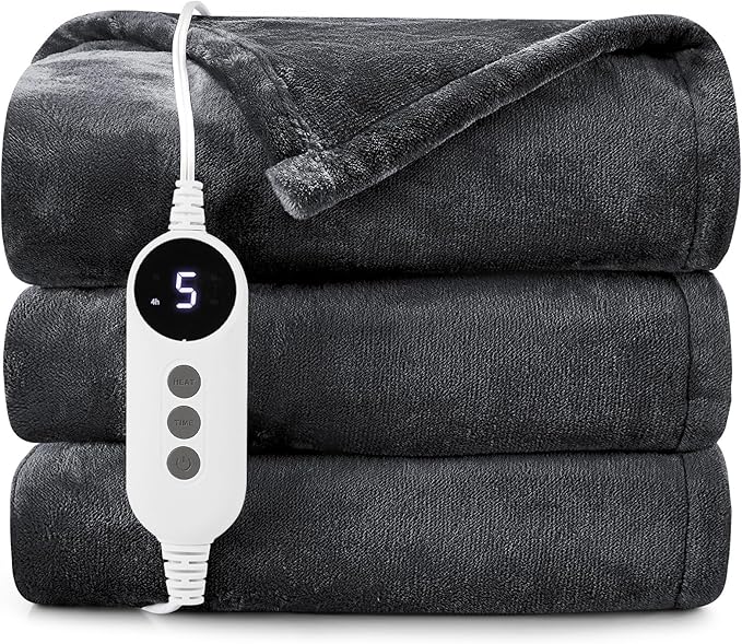 HYLEORY Heated Electric Blanket Throw, 2-Layer Cozy Warm Flannel 62" x 84", Heating Blanket with 9 Heating Levels, 2/4/6/10 Hours Auto Off, Fast Heating Winter Blanket, Dark Grey