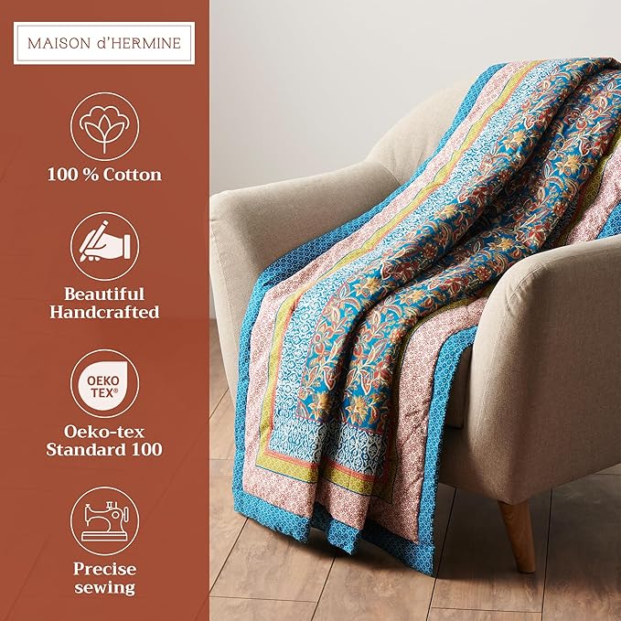 Maison d' Hermine Throw Blanket for Couch Lightweight Soft Warm Breathable Cotton Throw Blankets for Bed Girls Boys Women Men Gifts Sofa Travel Living Room Chair Bedding (60"x80", Kerala)