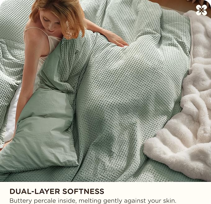 Bedsure Cotton Duvet Cover King - 100% Cotton Waffle Weave Sage Green Duvet Cover King Size, GentleSoft™ and Breathable Bedding Set for All Season, 3 Pieces, 104"x90"