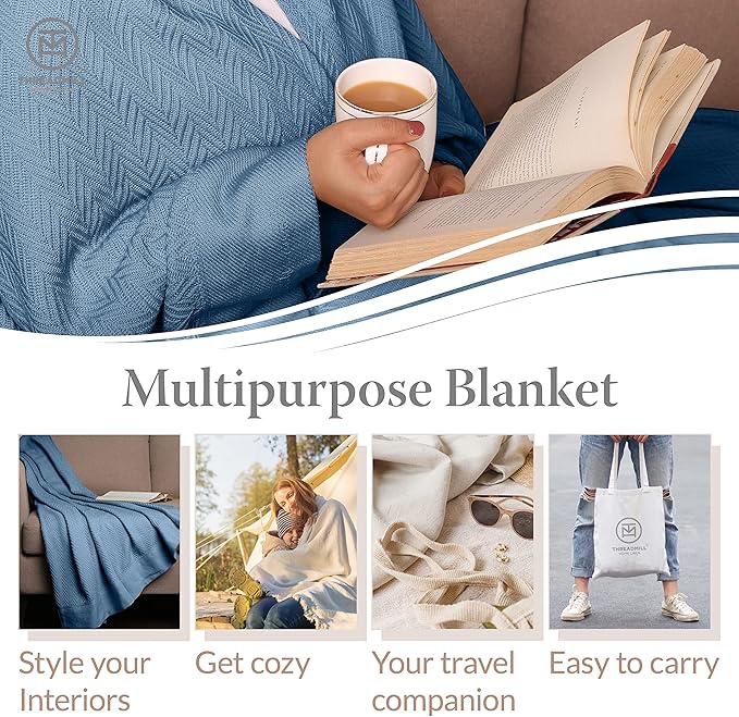 Threadmill Luxury Cotton Blankets for King Size Bed | All-Season Cozy 100% Cotton King Size Blanket | Herringbone Soft Fall Thermal Blanket fits Cal King Size Bed | Folkstone Blue