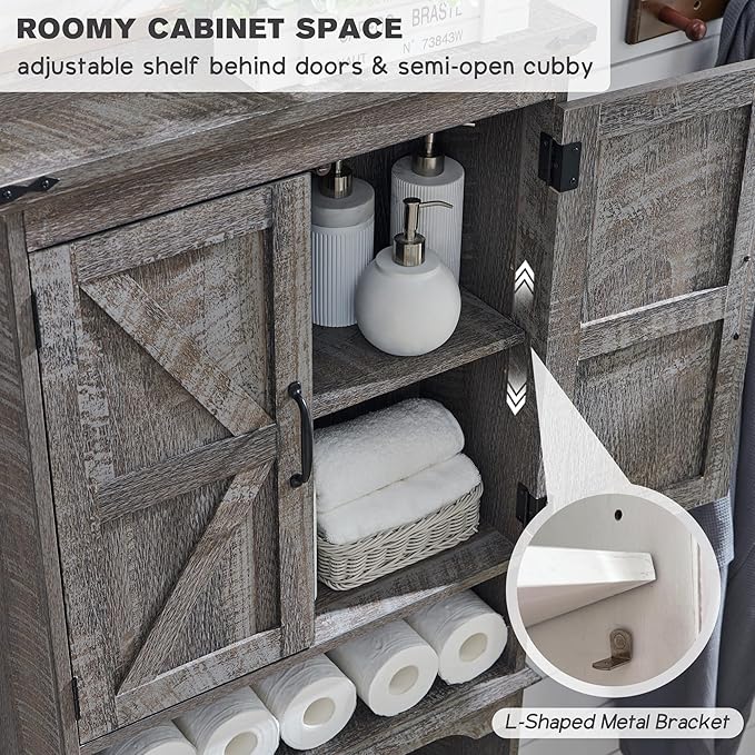 ACCOHOHO Over The Toilet Storage Cabinet, Farmhouse Bathroom Cabinet with Adjustable Shelf & Barn Door, 67" Tall Over The Toilet Shelf, Grey Wash