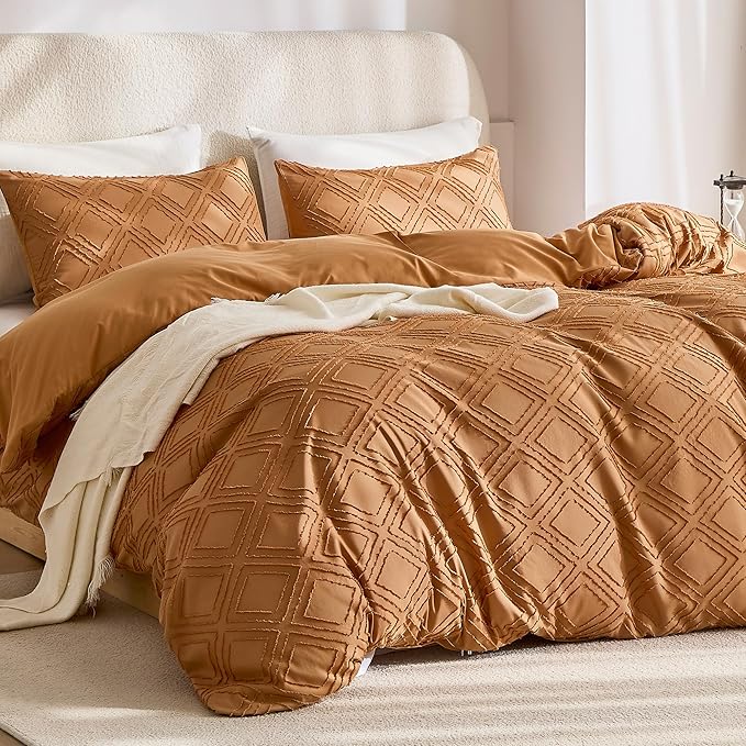 JELLYMONI Duvet Cover Full Size Rust - 3PCS Boho Duvet Cover Set Plaid Polyester Tufted Bohemian Jacquard Knit Textured Comforter Cover 80×90in Rhombic Geometric Pattern Corner Ties & Zipper
