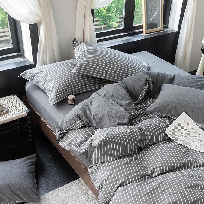 Reversible Duvet Cover Set 100% Washed Cotton Dark Grey Pinstripe Linen Feel Duvet Cover Queen Size with Zipper Closure & 2 Pillow Shams,Dark Grey/White Stripe Reverse Solid Dark Grey