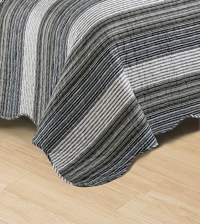 Brilliant Sunshine Multi Grey Stripes Patchwork, 3-Piece Quilt Set with 2 Shams, Reversible Bedspread, Soft Lightweight Coverlet, All-Season, King, Multi Grey