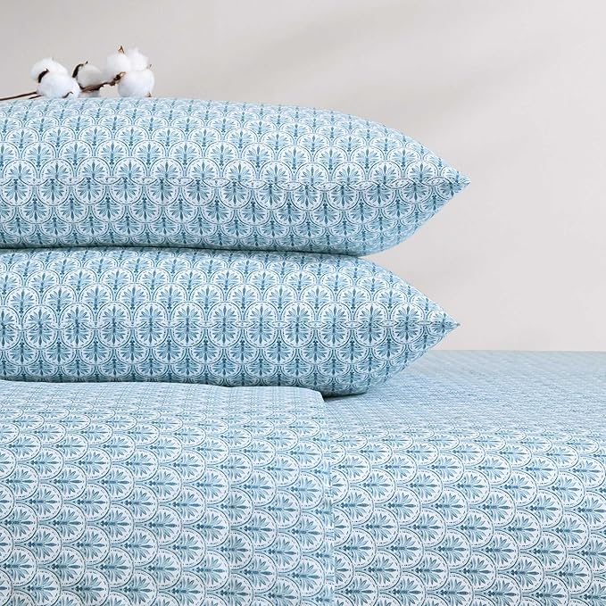 Tommy Bahama - Queen Sheet Set, Super Soft Cotton Percale Bedding with Matching Shams, Tropical Bedding Set, Oeko-Tex Certified (Coastal Batik Blue, Queen)