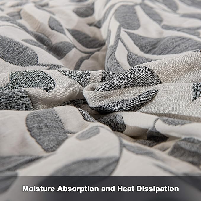 NTBAY 3 Layers Cotton Muslin 88x92 Queen Bed Blanket, Super Soft Breathable Thermal Yarn Dyed Quilt for Adults, Perfect Lightweight Blanket for Couch Sofa Bed All Seasons, Grey Leaf